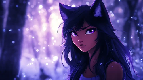 Mystical fox-eared girl stares through glowing violet forest