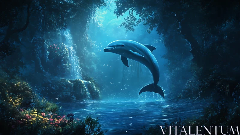 Digital rendering shows dolphin above illuminated forest pool