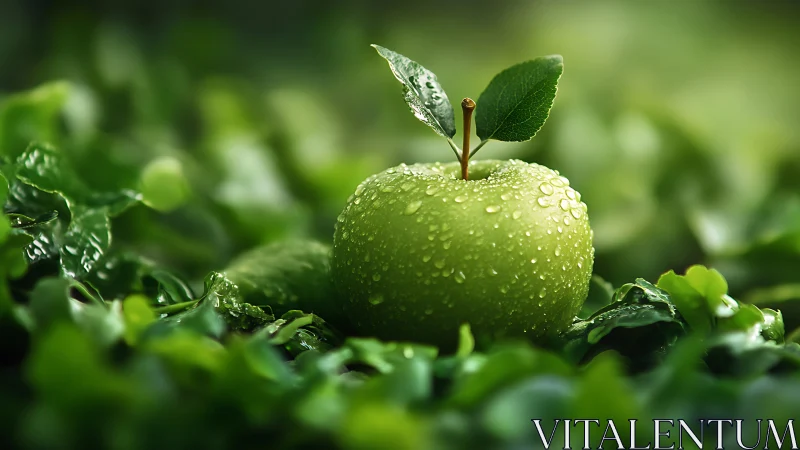 Green apple rests in lush leaves under dewy morning light.