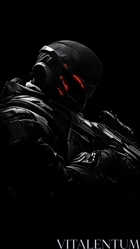 Cyber soldier silhouette with glowing red visor in darkness.