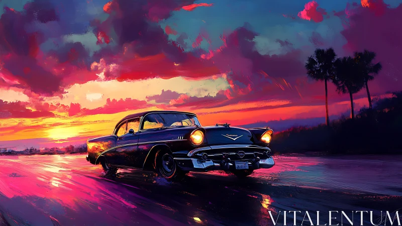 Classic black car on coastal road under saturated sunset sky.