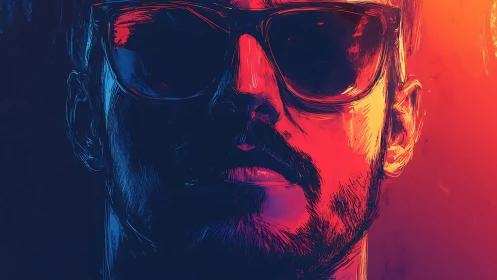 Neon-lit male portrait in split complementary color contrast.