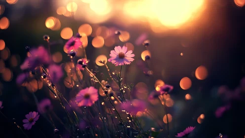 Pink Daisies Glowing in Golden Hour Bokeh.