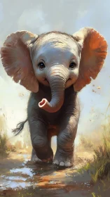 Playful baby elephant trotting through sunlit puddles.