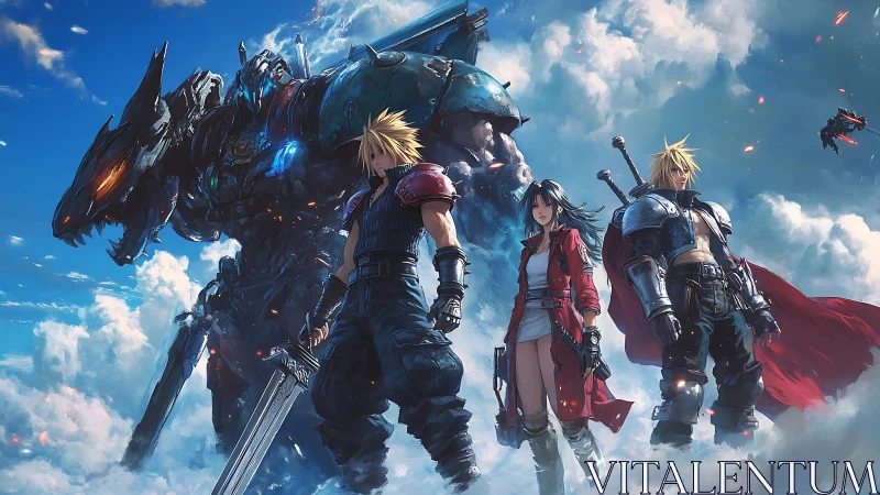 Skyward anime warriors confront towering mecha dragon titan.