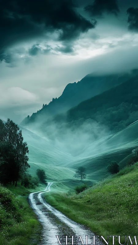 Misty emerald valley road under dramatic storm clouds.