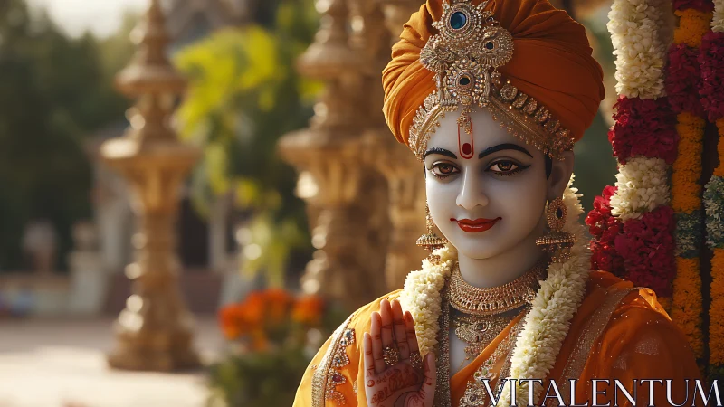 Serene saffron deity smiles beneath sunlit temple blooms.