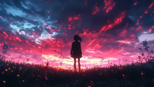 Silhouetted girl watches blazing magenta sunset sky alone