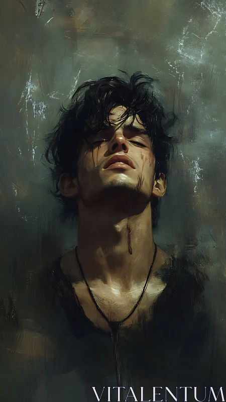 Wounded young man lifts his face to dim, haunting light