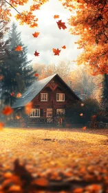 Cozy wooden cabin in bright orange autumn forest scene.