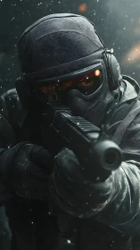 Tactical soldier aims rifle through stormlit battle haze.