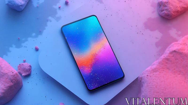 Dreamy gradient smartphone rests in a soft pastel techscape