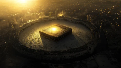 Golden sunset aerial of Kaaba within Grand Mosque courtyard