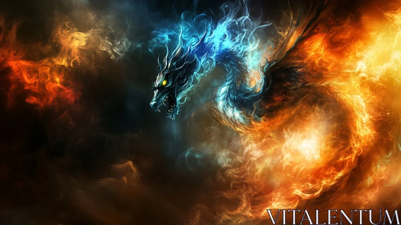 Elemental dragon of fire and ice coils through burning nebula