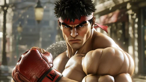 Battle ready fighter in sunlit city street stance.