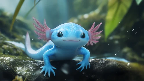 Bioluminescent-style axolotl render with macro aquatic focus.