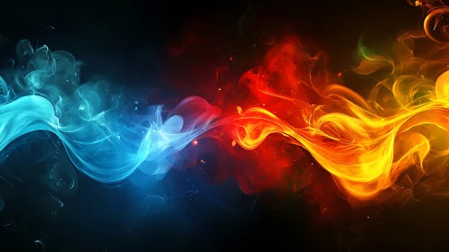 Flowing Light Waves: Blue, Red, and Gold Energy.