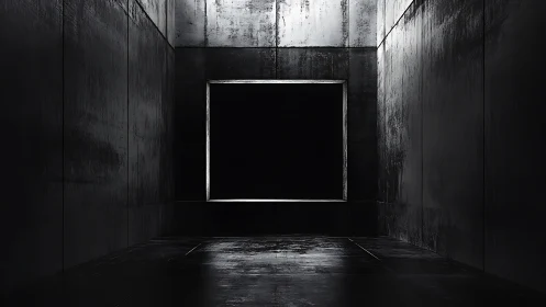 Concrete chamber with illuminated rectangular opening.