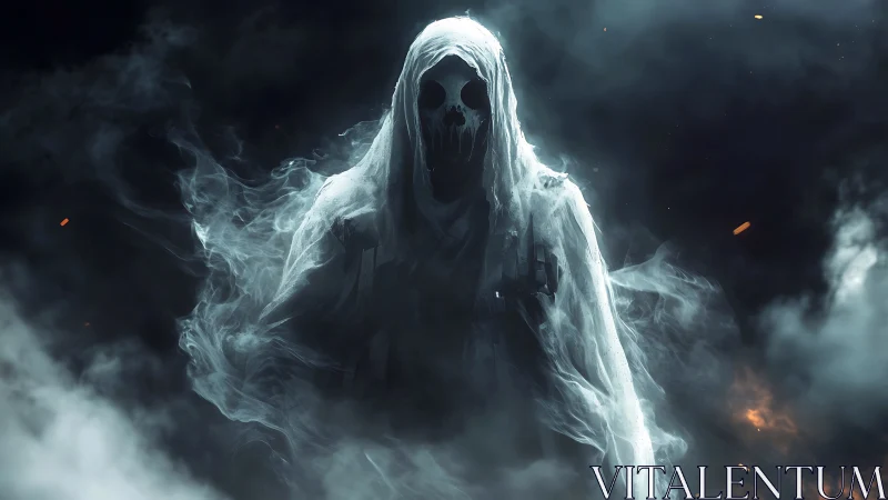 Ghostly wraith emerges from swirling smoke and embers
