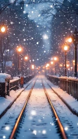 Snow covered tramway with streetlamps in blue hour snowfall