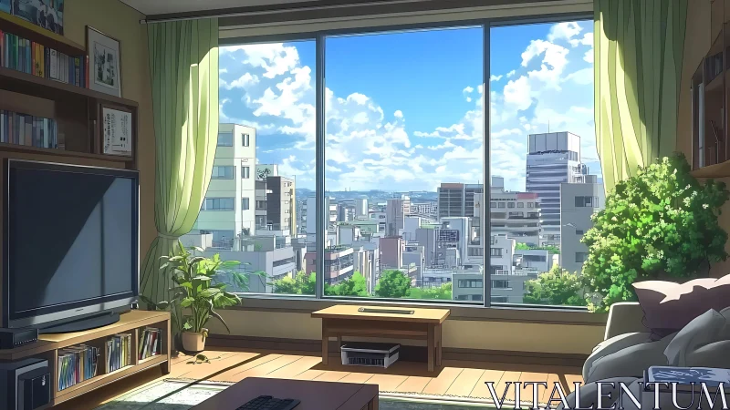 Sunny city apartment living room overlooks bright skyline