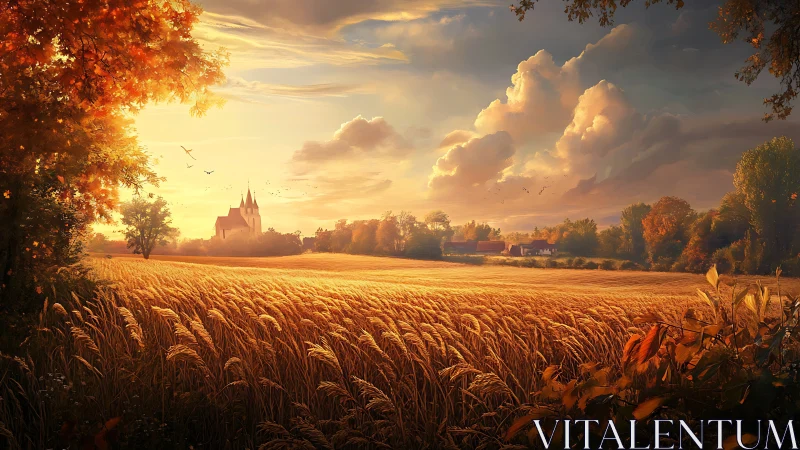 Golden wheat whispers toward a sunlit village church
