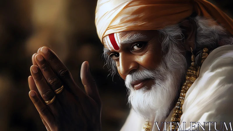 Elderly sage in blessing pose under warm dramatic light.