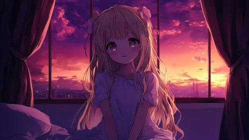 Soft evening light wraps a quiet girl in sunset colors