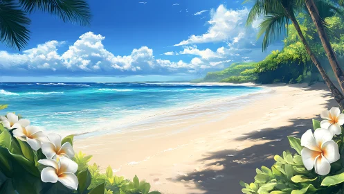 Tropical Shoreline with Plumerias: 3D Rendered Idyllic Beach Paradise