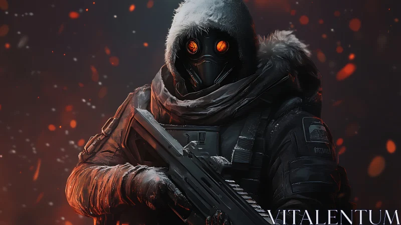 Arctic tactical soldier with glowing visor and rifle in embers