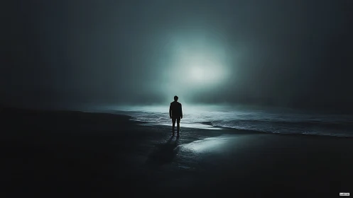 Solitary silhouette walking into a moonlit ocean hush.