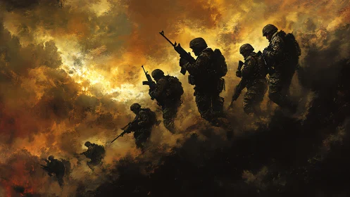 Silhouetted soldiers move forward through burning storm clouds