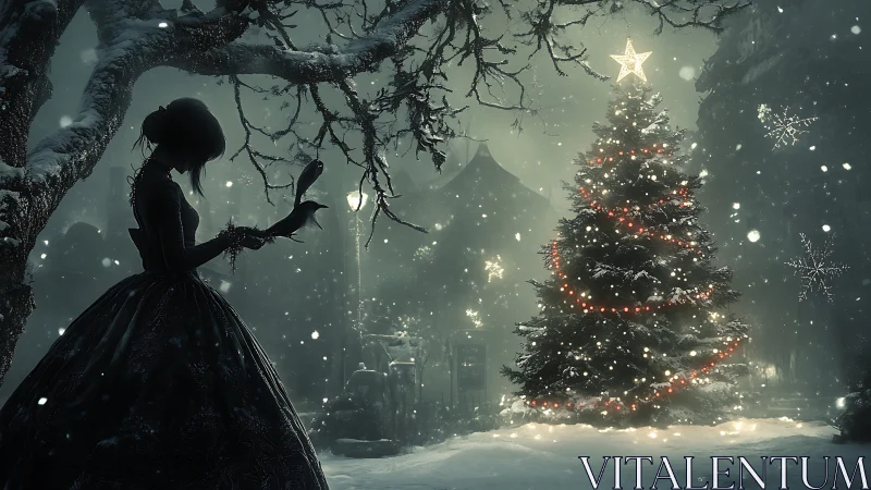 Gothic winter silhouette observes illuminated Christmas tree at dusk