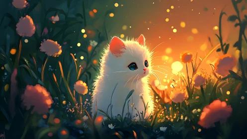 White Kitten in Golden Flower Garden at Sunset