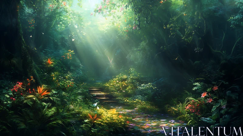 Illuminated jungle pathway with layered canopy and filtered sunlight