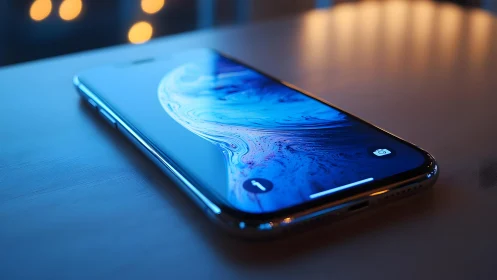 Modern smartphone on wooden table with blue abstract wallpaper.