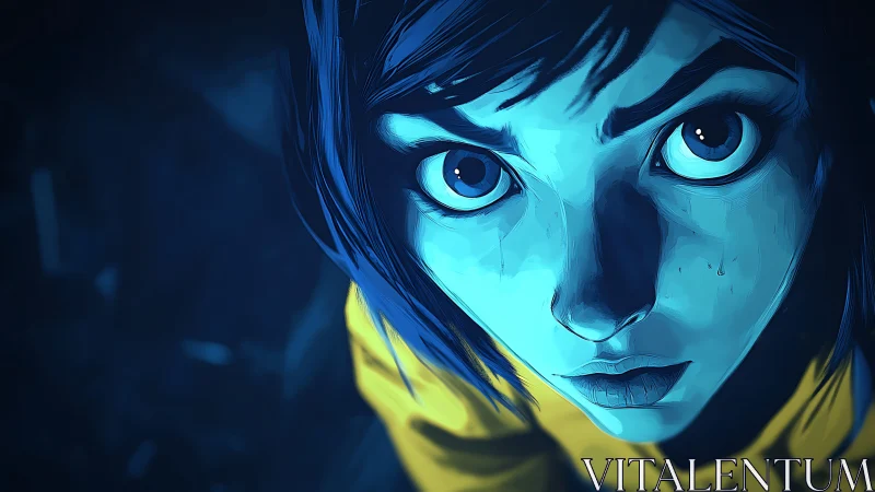 High-contrast blue portrait with dynamic upward gaze lighting.