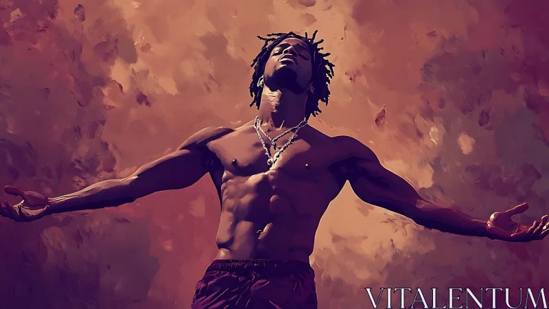 Muscular man stands arms wide against warm abstract sky