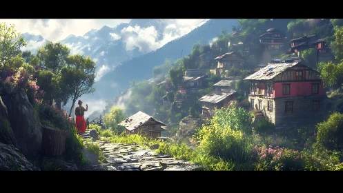 Mountain village path with woman in red dress under sunlight.