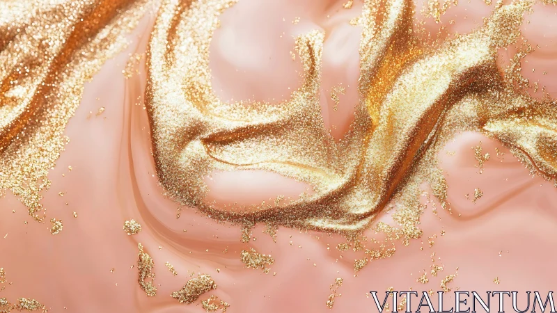 Gold glitter dispersion flows across glossy rose fluid ground
