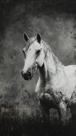 Gentle gray horse standing quietly in a moody painted field.