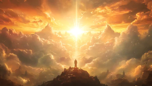 Solitary silhouette beneath radiant celestial cloudscape.