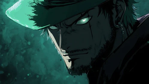 Male anime figure in shadowed profile with glowing eye.