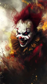 Sinister clown erupts from swirling flames and shadowed mist.
