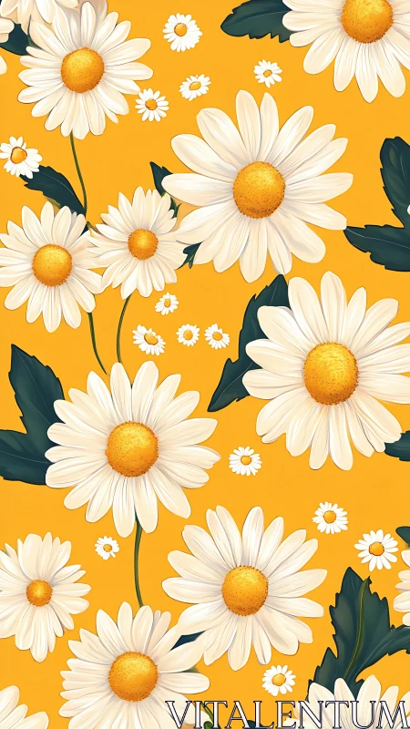White Daisy Floral Composition with Golden Centers on Vibrant Yellow Background