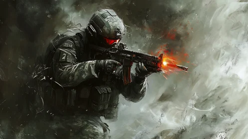 Futuristic soldier fires rifle through swirling battle fog.