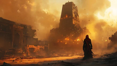 Lone cloaked figure in front of burning ruined tower.