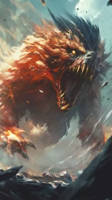 Infernal beast erupting from storm-torn volcanic wasteland.