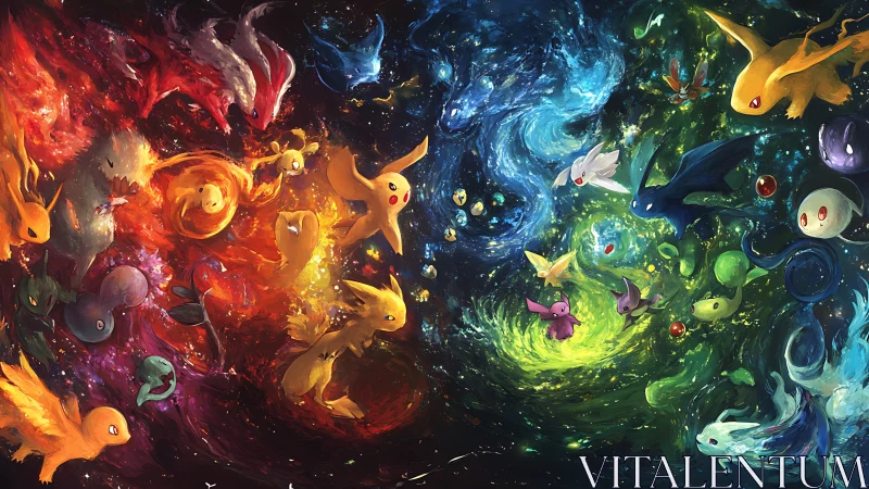 Digital illustration shows stylized creatures in elemental vortex