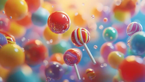 Vibrant Lollipops and Candy Balls in Dreamy Pastel Art Style.
